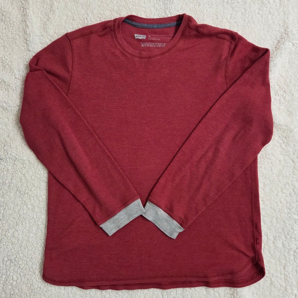 Levi's Mens XL Red Waffle Knit Long Sleeve Crew Neck‎ T-Shirt Casual